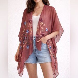 Boho Embroidered Sheer Kimono Floral Lightweight One Size Wrap Top